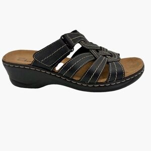 Clarks Black Sandals Leather Woven Slide Low Wedge 6.5W WIDE Adjustable Slip On